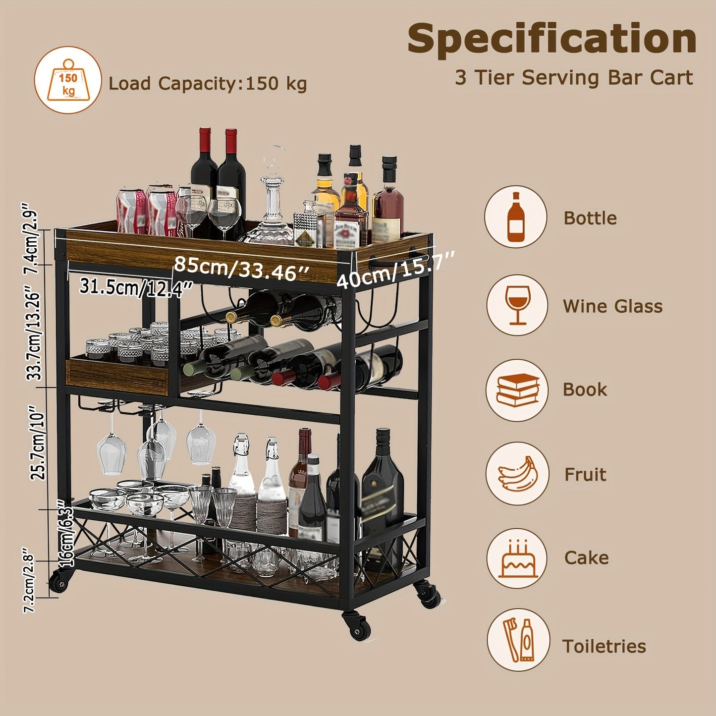 Vintage Industrieel Barwagen – Bar Cart – Serveerwagen – Wijnrek Trolley – Keukenwagen – 85x40x90 cm – Met 8 Wijnrekken en Glashouder – Mobiel Met Wieltjes – Bruin Hout Afwerking