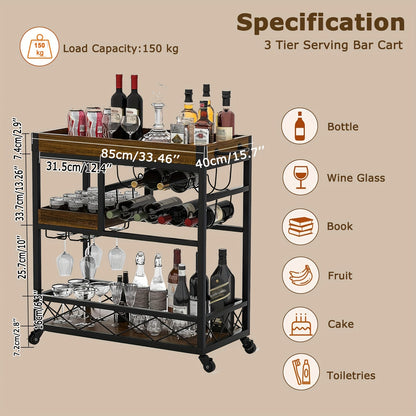 Vintage Industrieel Barwagen – Bar Cart – Serveerwagen – Wijnrek Trolley – Keukenwagen – 85x40x90 cm – Met 8 Wijnrekken en Glashouder – Mobiel Met Wieltjes – Bruin Hout Afwerking