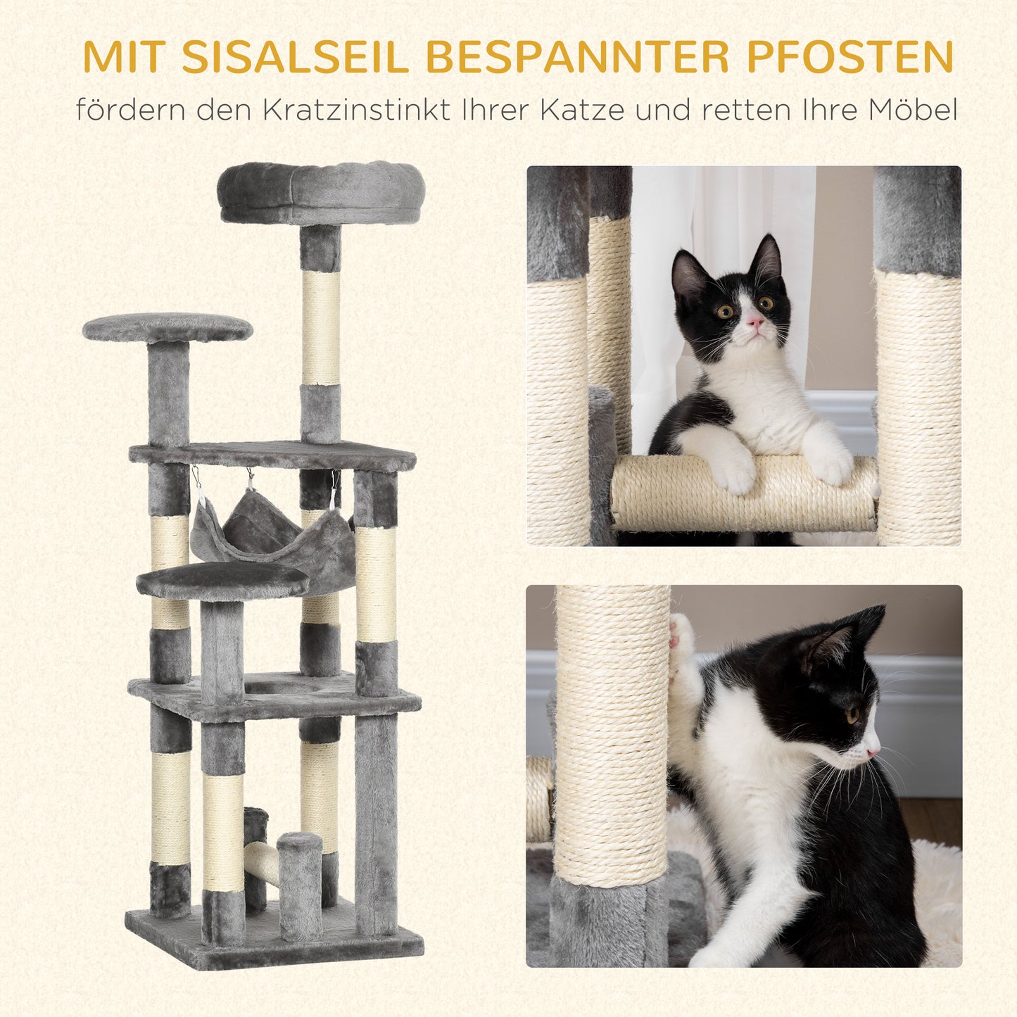 Krabpaal – Kattenboom – Krabmeubel – Klimpaal – Speelpaal – Grijs – Stevige Houten Constructie – Comfortabele Hangmat