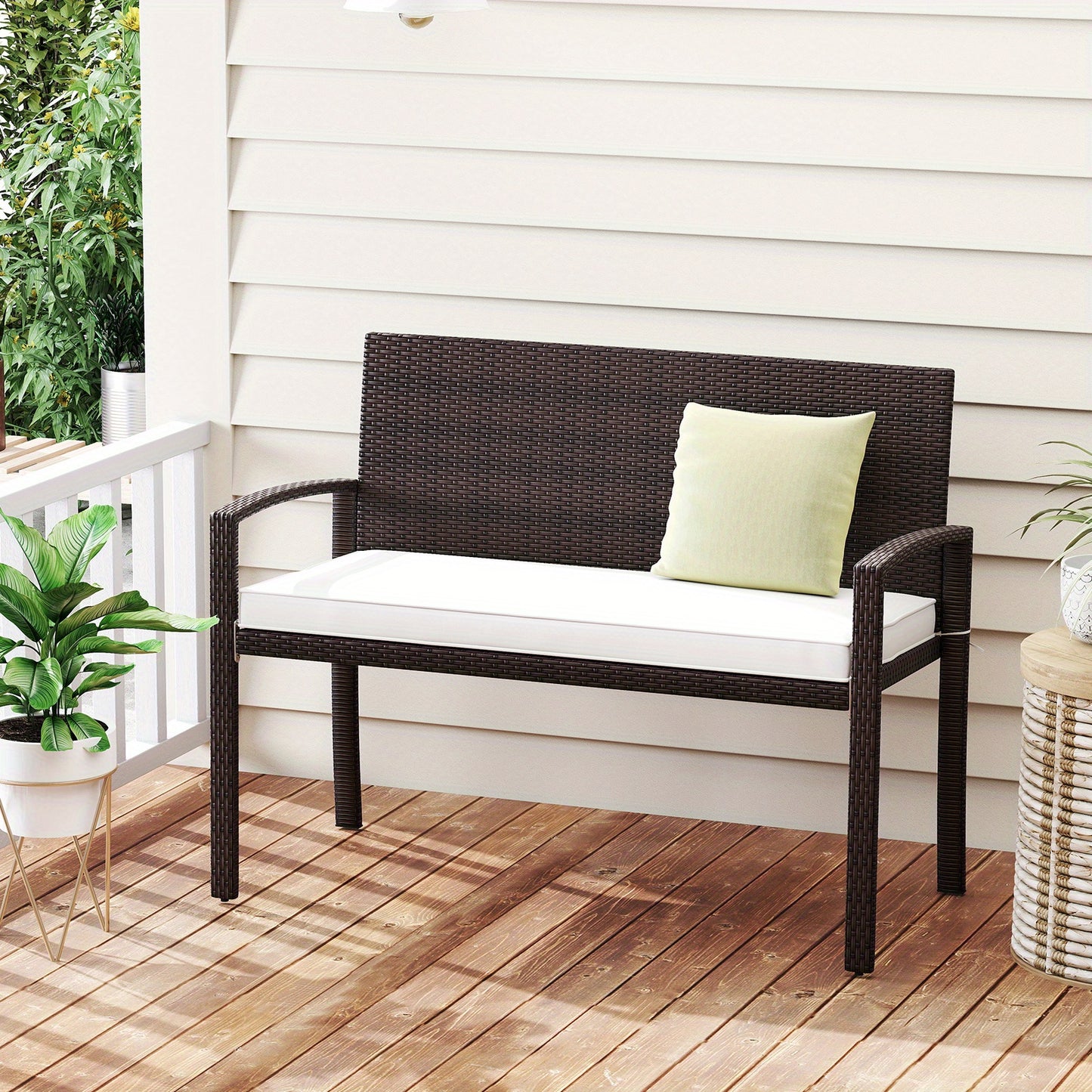 Tuinbank – Buitenbank – Balkonbank – Patio Bank – Zweezits Tuinmeubel – Polyrattan – Lichtgewicht Metalen Frame – Verwijderbare Zitkussen – Duurzaam Bruin
