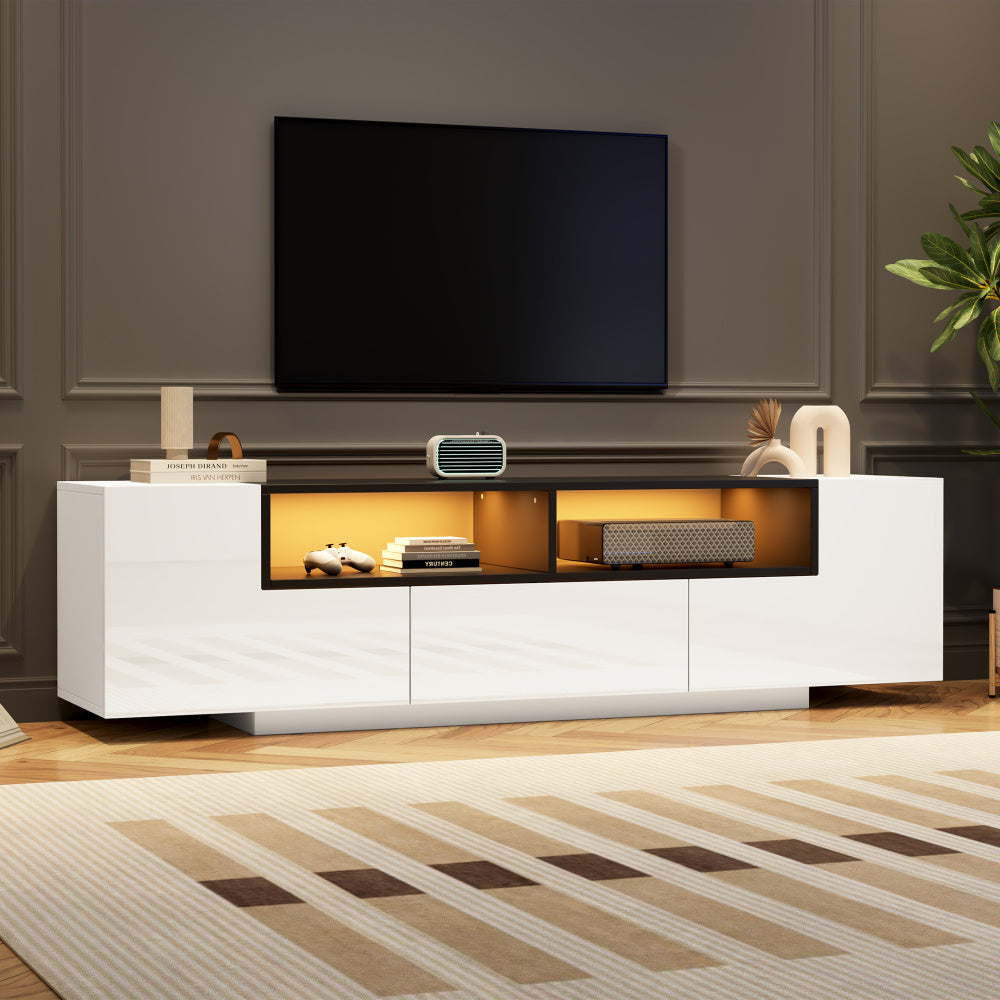 Tv Meubel – TV Kast – TV Dressoir – TV Stand – Entertainment Center – L-vormig Ontwerp – Geschikt voor 75 Inch – Hoogglans Wit Zwart – Vrijstaand Met Opberglades