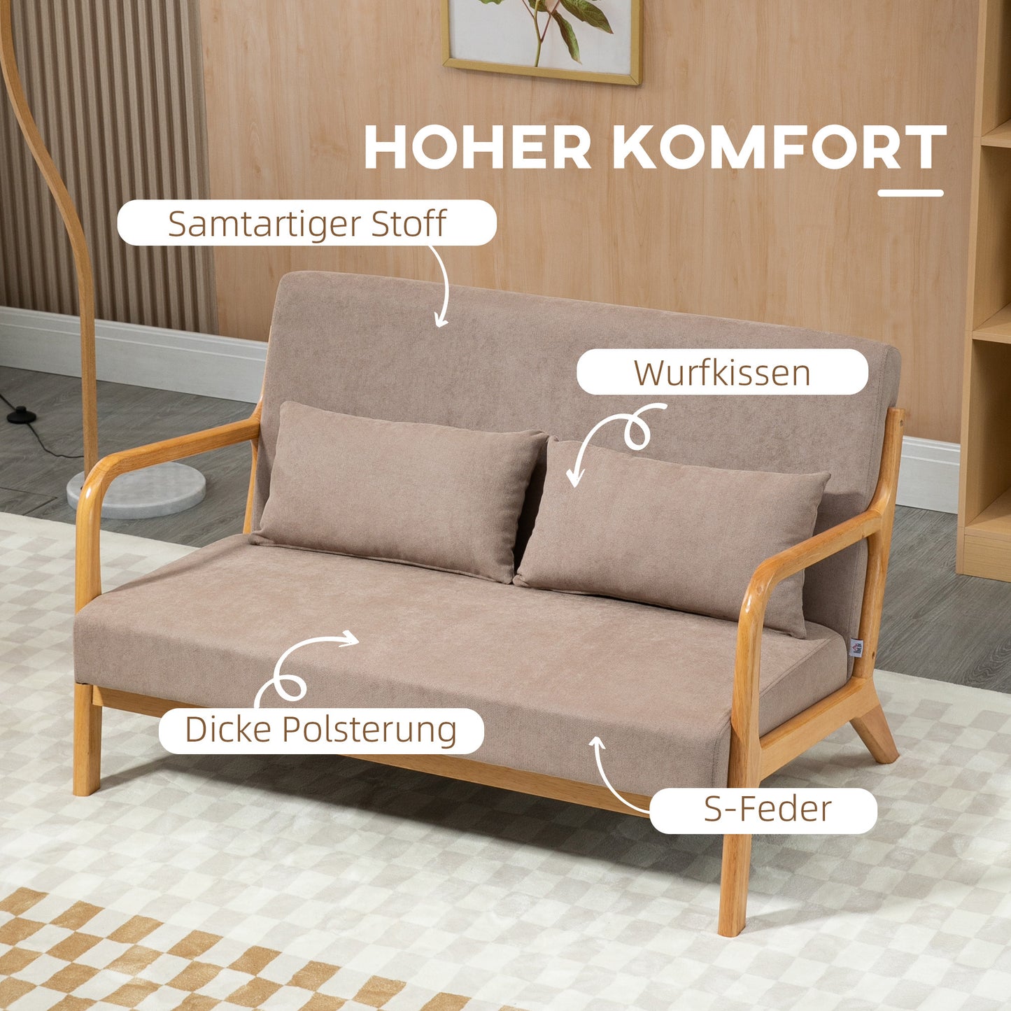 2-Zitsbank – Tweezitsbank – Bankje – Compacte Sofa – Retro Sofa – Lichtgrijs Fluweel – Rubberen Houten Frame – Inclusief Comfortkussens