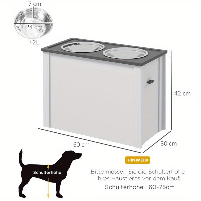 Hondenvoerbak – Voederstation – Drinkbak – Voederschalen – Voerbakhouder – Roestvrij Staal – Opbergruimte 2L – Verhoogd Design – Wit