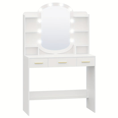 Kaptafel – Make-up tafel – Tocatoren – Vanity – Dressings Table – Linnenwit – 10 LED lampen met 3 lichtstanden – 3 lades en 6 open vakken