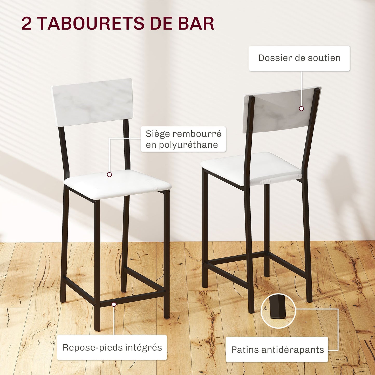 Bartafel Set – Bar Tafel – Statafel – Barkrukken Set – Hoge Tafel – Inklapbaar Tafelblad – Wijnrek Met Glashouders – Wit Marmerlook