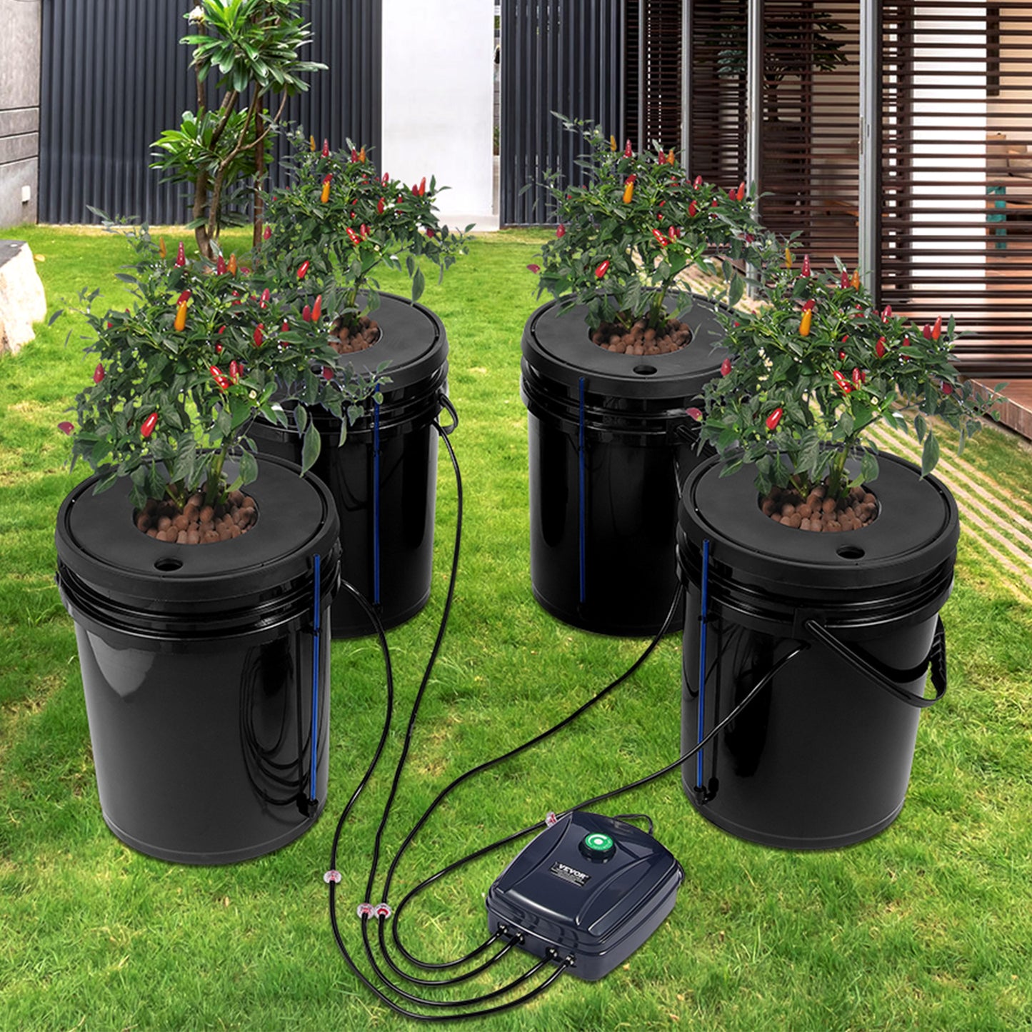 Deep Water Culture Hydrocultuursysteem – Hydroponisch Systeem – Plantenbakken – Hydrocultuur Kit – Groeisysteem – 4 x 19L PP Bakken – Krachtige Luchtpomp met Waterniveaumeter – Zwart