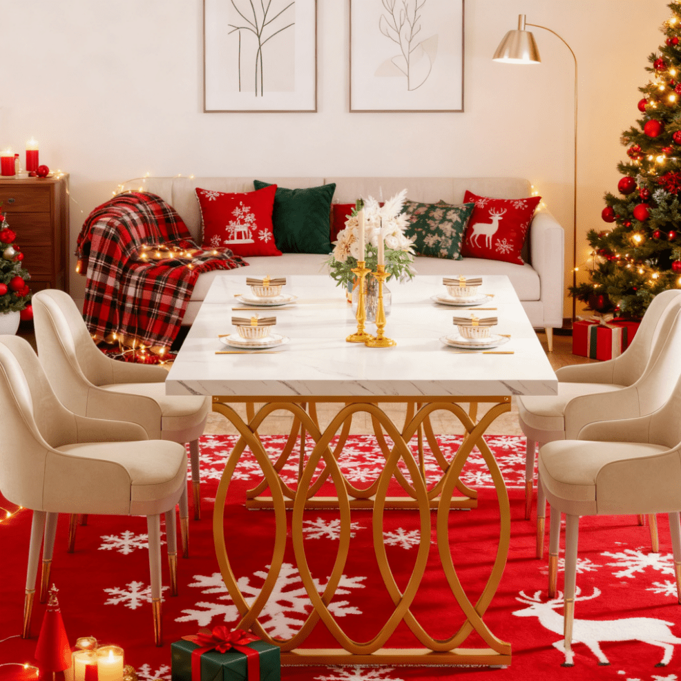 Grote Eettafel – Tafel – Eetkamertafel – Design Tafel – MDF Tafel – Wit Faux Marmer Blad – Gouden Geometrische Poten – 160 cm – Voor 4-6 Personen