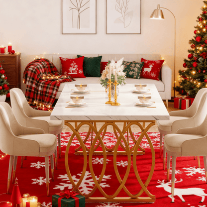 Grote Eettafel – Tafel – Eetkamertafel – Design Tafel – MDF Tafel – Wit Faux Marmer Blad – Gouden Geometrische Poten – 160 cm – Voor 4-6 Personen