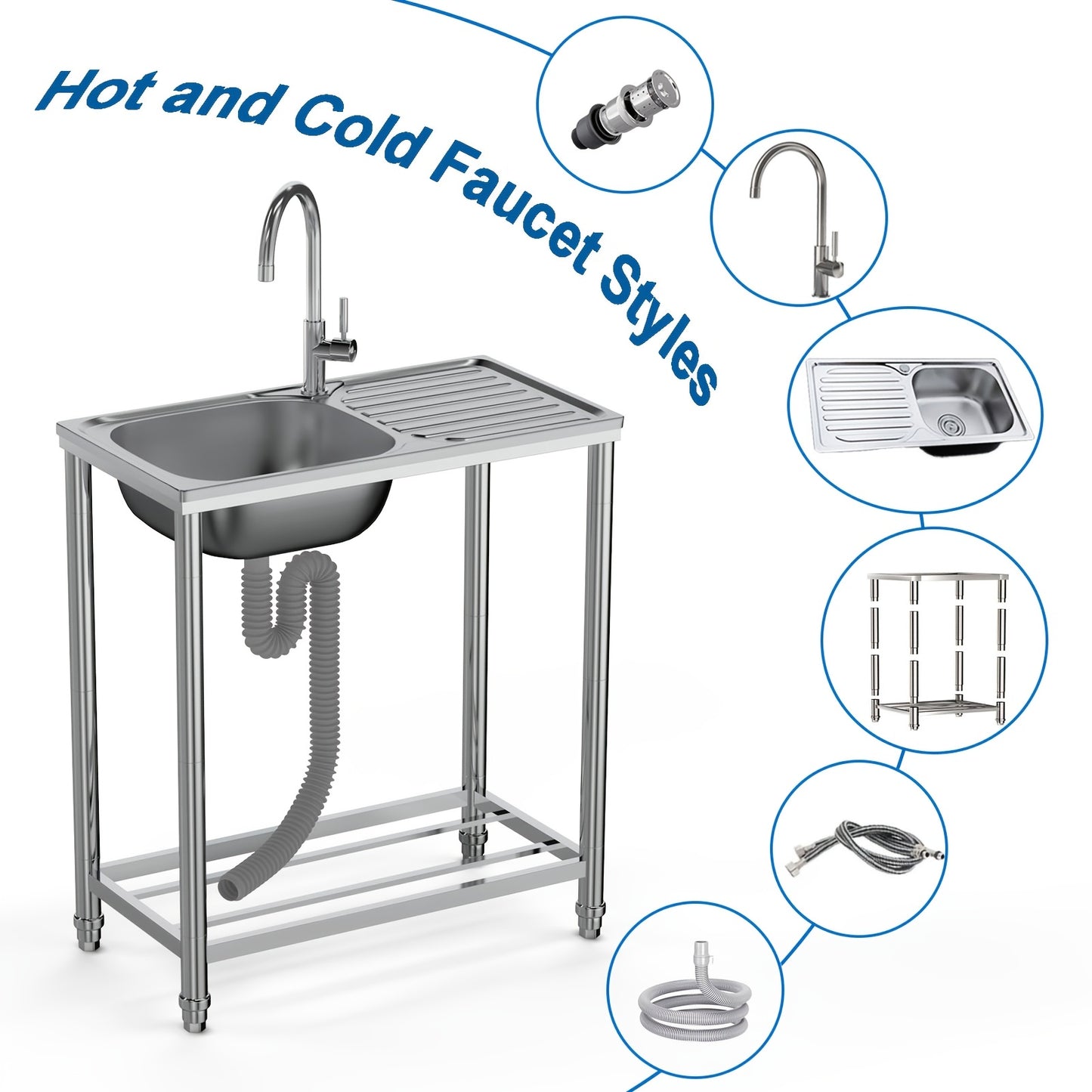 Stainless Steel Freestanding Sink with Workbench & Faucet - Heavy-Duty 304 Grade All-Weather Outdoor/Indoor Use, Large Capacity Durable Polished Sink for Kitchen, Camping, Garden, Garage, Holiday Events - Easy-Clean Surface &