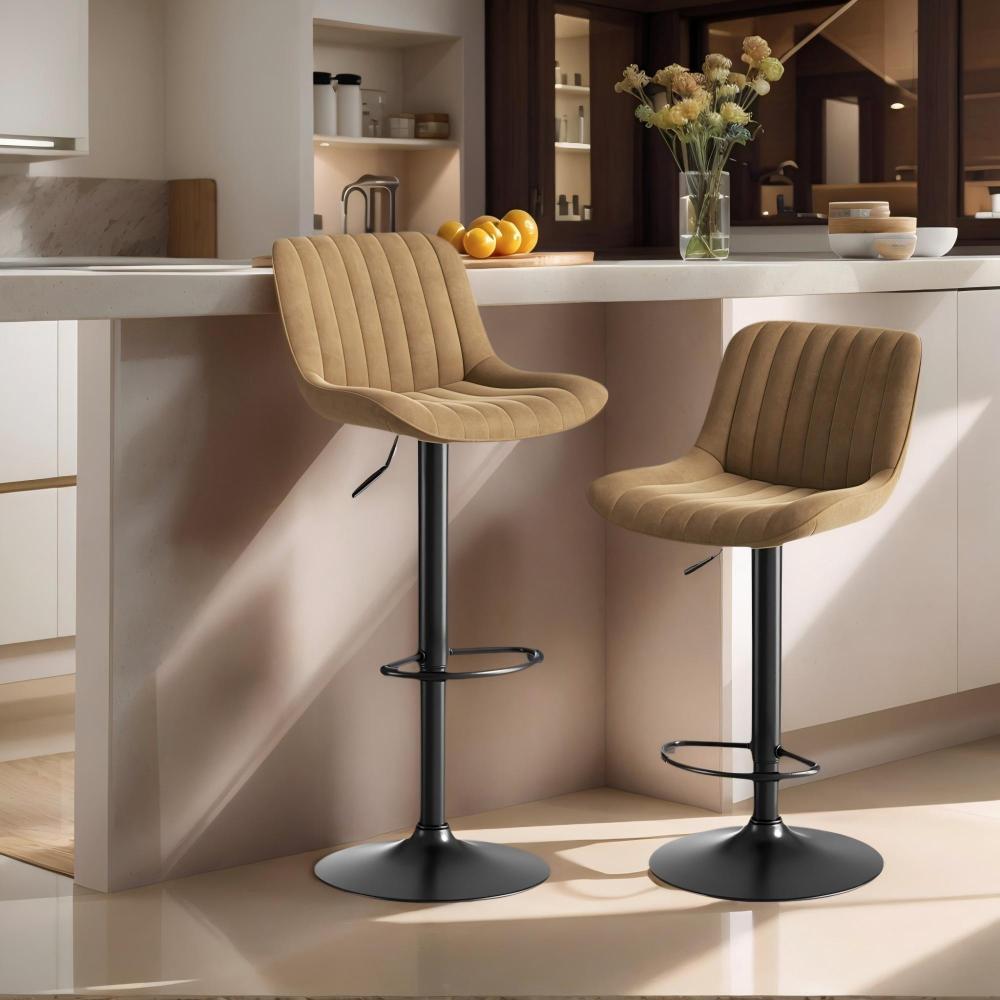 Set of 2 Modern Brown Velvet Swivel Bar Stools with Height-Adjustable Height (87-109cm) & 360° Rotation - Ergonomic Cushioned Seats, Soft Padded Backrests, Sturdy Black Base - Easy Assembly for Kitchen Island, Dining Room, H