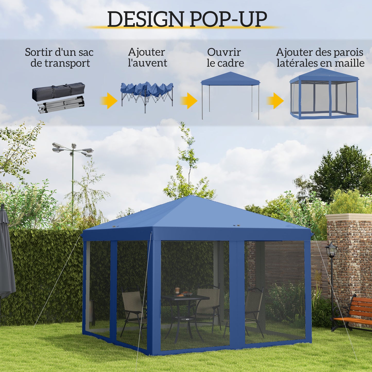 Tuinpaviljoen – Tuinkamer – Partytent – Overkapping – Tuinoverkapping – Pop-up Systeem – UV-Beschermd Polyester – 3x3 Meter – Inclusief Muskietennetten – Blauw