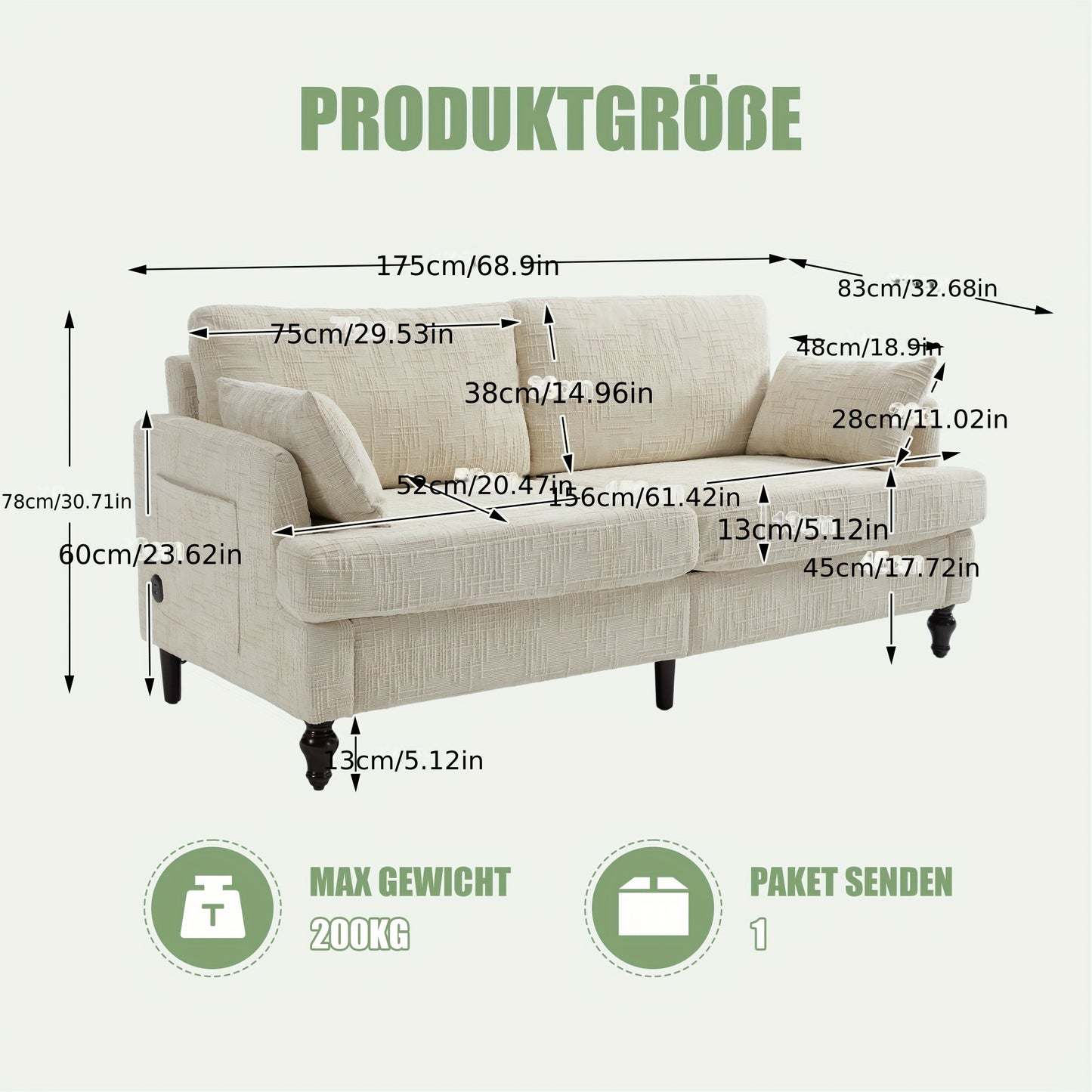 2-Zits Bank – Sofa – Loveseat – Zithoek – Tweezitsbank – Beige Chenille – Zijvak Opbergruimte – Kant-En-Klaar Zonder Montage