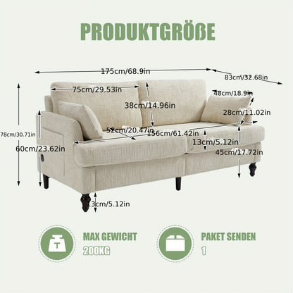 2-Zits Bank – Sofa – Loveseat – Zithoek – Tweezitsbank – Beige Chenille – Zijvak Opbergruimte – Kant-En-Klaar Zonder Montage