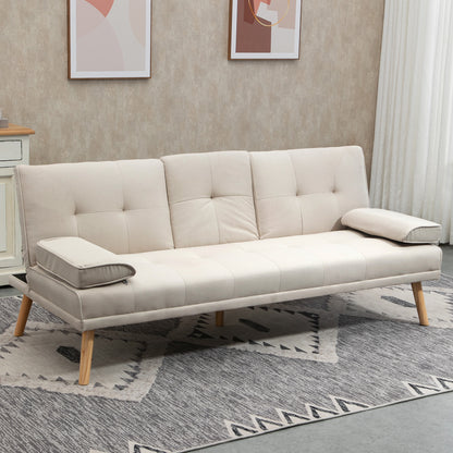 3-zits Slaapbank – Bedbank – Sleeper Sofa – Slaapbankje – Slaapzetel – Scandinavisch Design – Verstelbare Rugleuning in 3 Standen – Stevig Massief Populierenhout – Beige Linnen Bekleding