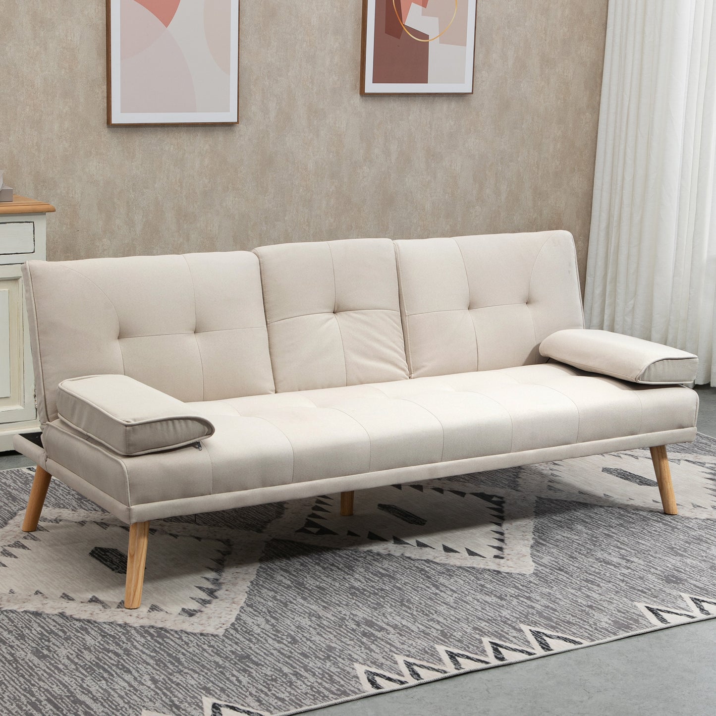 Bankstel 3-zits – Slaapbank – Reclamebank – Linnen Bank – Scandinavische Sofa – Verstelbare Rugleuning 3 Niveau’s – Stevig Massief Houten Frame – Beige
