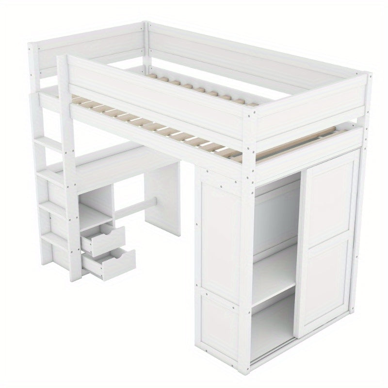 Hoogslaper – Stapelbed – Kinderbed – Eenpersoonsbed – Opbergbed – Ruimtebesparend – Met Kledingkast & Bureau – Duurzame Lichtgewicht Constructie – Modern Minimalistisch Wit Design