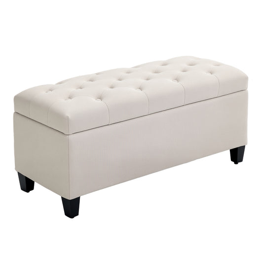 Opbergbank – Opbergbank – Opbergkist – Zitsbank – Bank Met Opbergruimte – Linenlook Kussen – Houten Pootjes – Compact 100x40x44 cm – Crèmekleurig