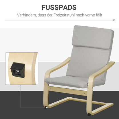 Loungestoel – Fauteuil – Relaxstoel – Zetel – Armstoel – Linnenlook Stof – Houten Frame – Incl. Voetenbankje – Max 120 Kg – Lichtgrijs/Natuur