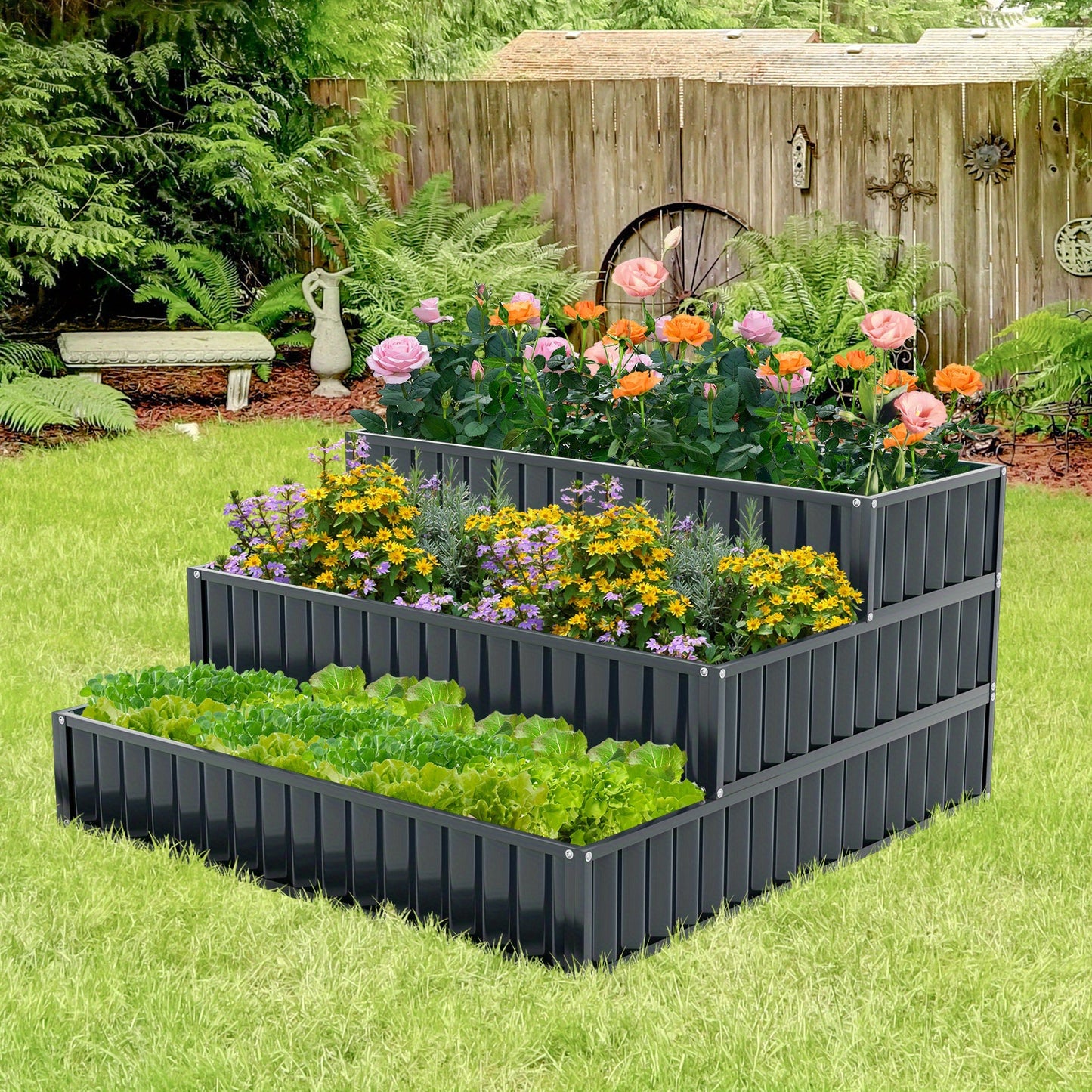 Hoogtebak Tuin – Verhoogd Plantenbed – Moestuinbak – Kruidenbak – Bloembak – 3 Laags Trappenontwerp – Metalen Roestvrij Stijlvol Zwart – 118x118x61 cm – Modulair Systeem