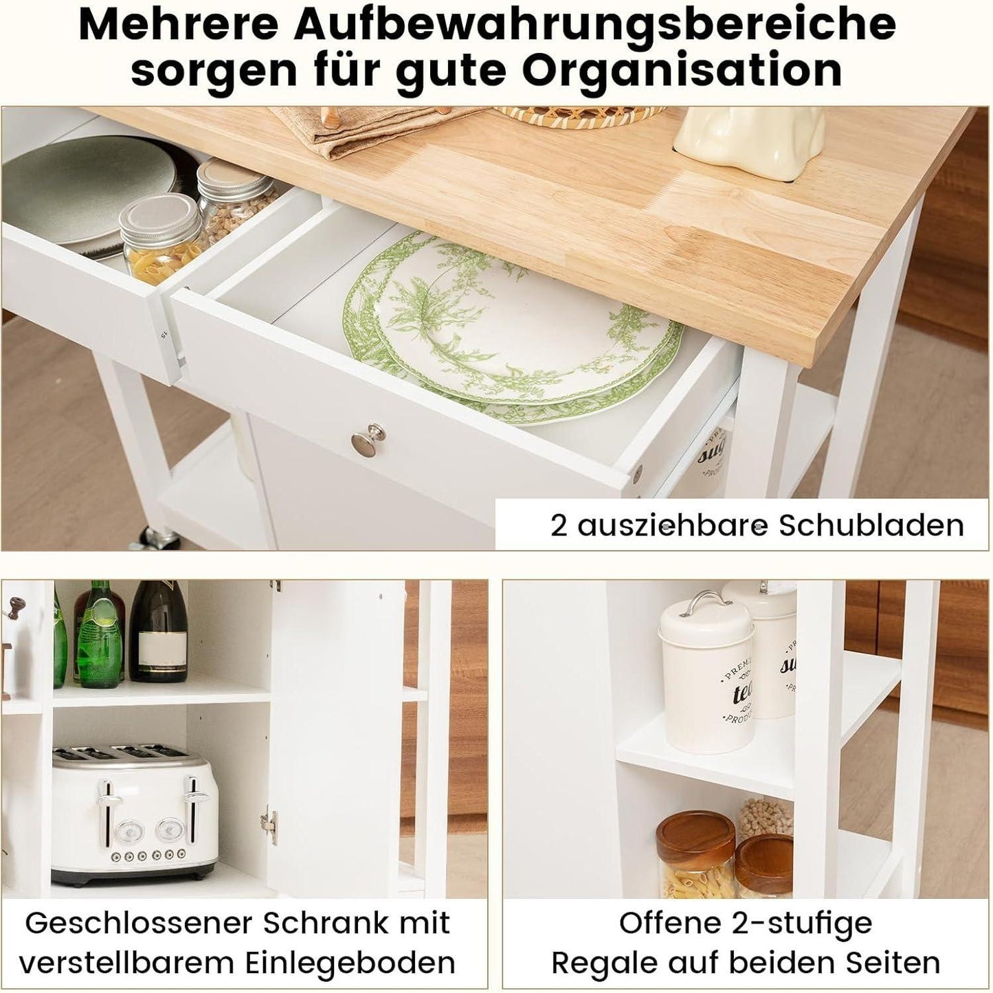 Keukenwagen – Keukentrolley – Serveerwagen – Opberkwagen – Verrijdbare Kast – Ruim Werkblad Rubberwood – 4 Zwenkwielen Met Remmen – Wit