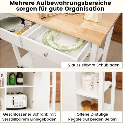 Keukenwagen – Keukentrolley – Serveerwagen – Opberkwagen – Verrijdbare Kast – Ruim Werkblad Rubberwood – 4 Zwenkwielen Met Remmen – Wit