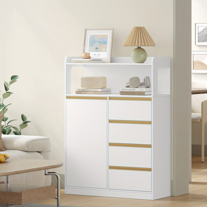 Badkamerkast – Badkamermeubel – Opbergkast – Kolomkast – Wastafelonderkast – 4 Laden & Open Vak – Verstelbare Planken – Wit 110x80x30 cm – Stevig Spaanplaat – Anti-Kantel Veiligheid