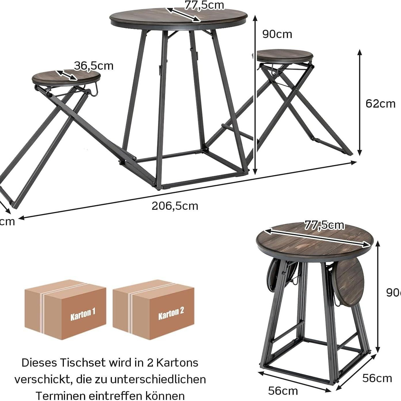 Barset – Opvouwbare Bartafel – Barkrukset – Keukenbar – Compact Eettafelset – Ruimtebesparend Ontwerp – Stabiel Metaal Frame – Grijs Houtnerf