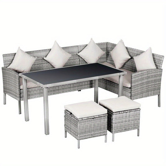 5-Tlg. Gartenmöbel Set, Rattan Sitzgruppe Mit Fußhocker, Metall, Grau, 142 X 60 X 75 Cm
