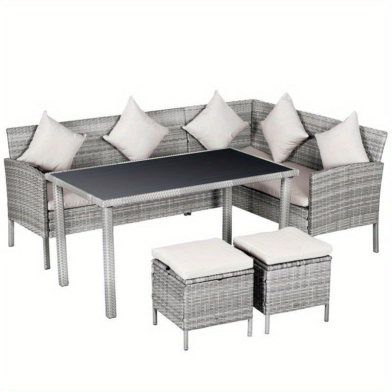 5-Tlg. Gartenmöbel Set, Rattan Sitzgruppe Mit Fußhocker, Metall, Grau, 142 X 60 X 75 Cm