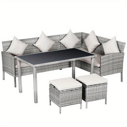 5-Tlg. Gartenmöbel Set, Rattan Sitzgruppe Mit Fußhocker, Metall, Grau, 142 X 60 X 75 Cm