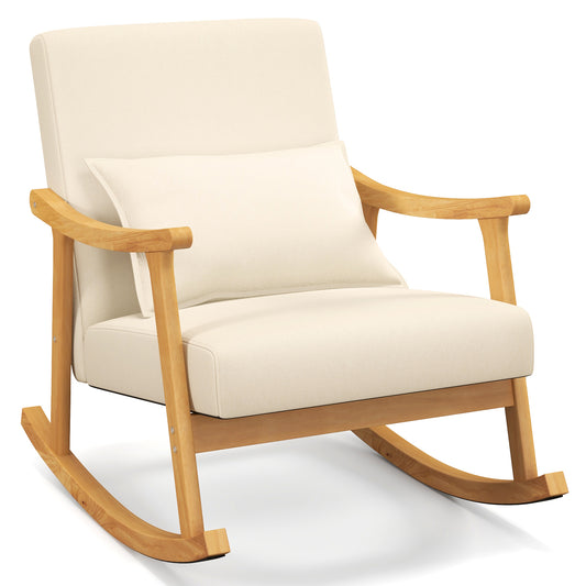Schommelstoel Kinderkamer – Rocking Chair – Schommelstoel Baby – Wiegstoel – Kinderstoel – Hoog Rugleuning – Natuurlijk Rubberhout Frame – Padded Zitkussen – Inclusief Lumbar Kussen – Beige