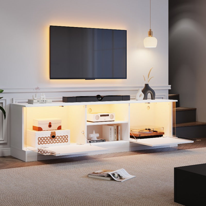 Moderne Witte High-Gloss Tv-Meubel – Rustieke Tv-Stand – Tv-Meubel Met Opbergruimte – Tv-Kast Voor Woonkamer – Tv-Tafel Voor Slaapkamer – Duurzaam Metalen Frame – Kabelmanagement Systeem