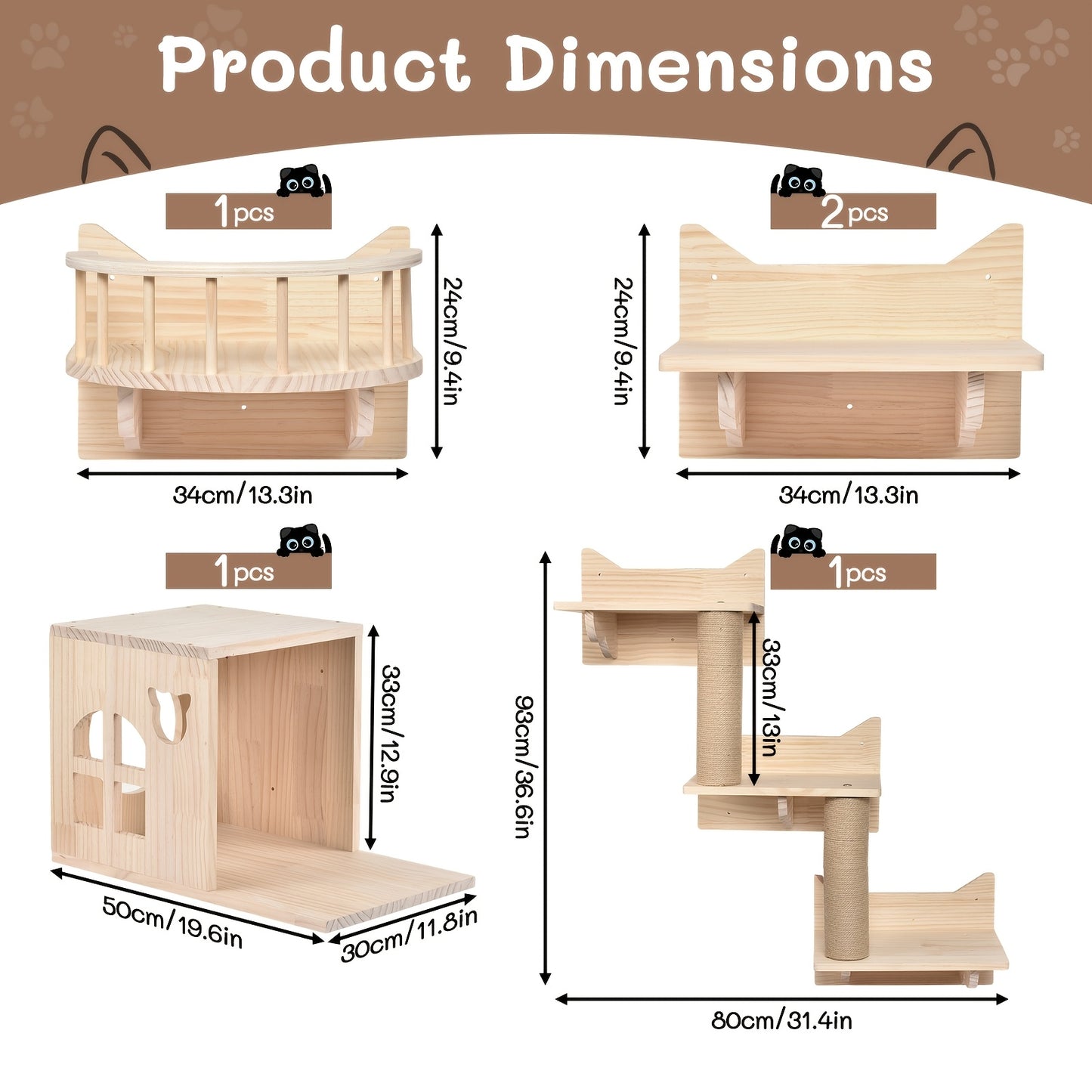 Krabpaal – Kattenboom – Kattenhuis – Kattenmeubel – Klimmeubel – 5-in-1 Muurklimset – Massief Hout – Ruimtebesparend Design