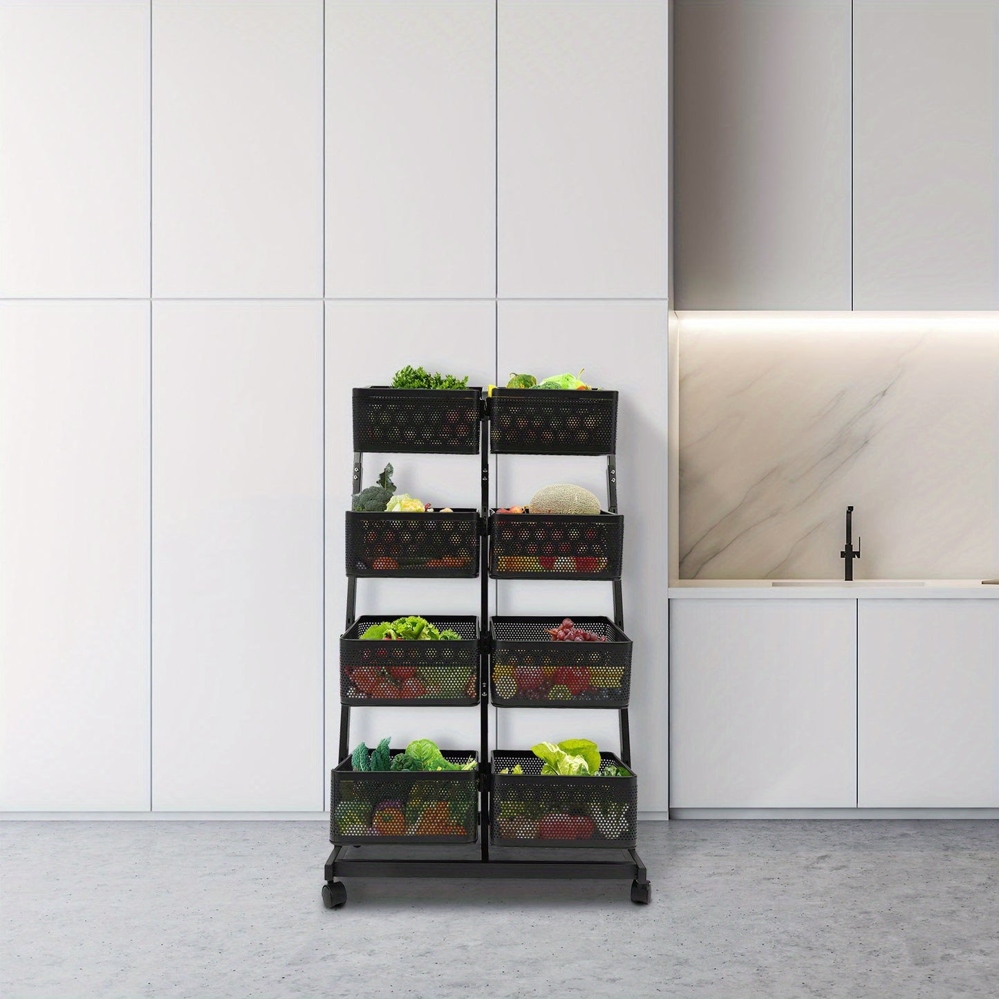 Opbergrekje – Opbergtrolley – Stellingkast – Opbergwagen – Opbergrek – Zwart Metalen Frame – 4 Laags Met 8 Grote Mandjes – Mobiel Met Remmen – Ruimtebesparend Verticaal Design (60x40,5x110 cm)