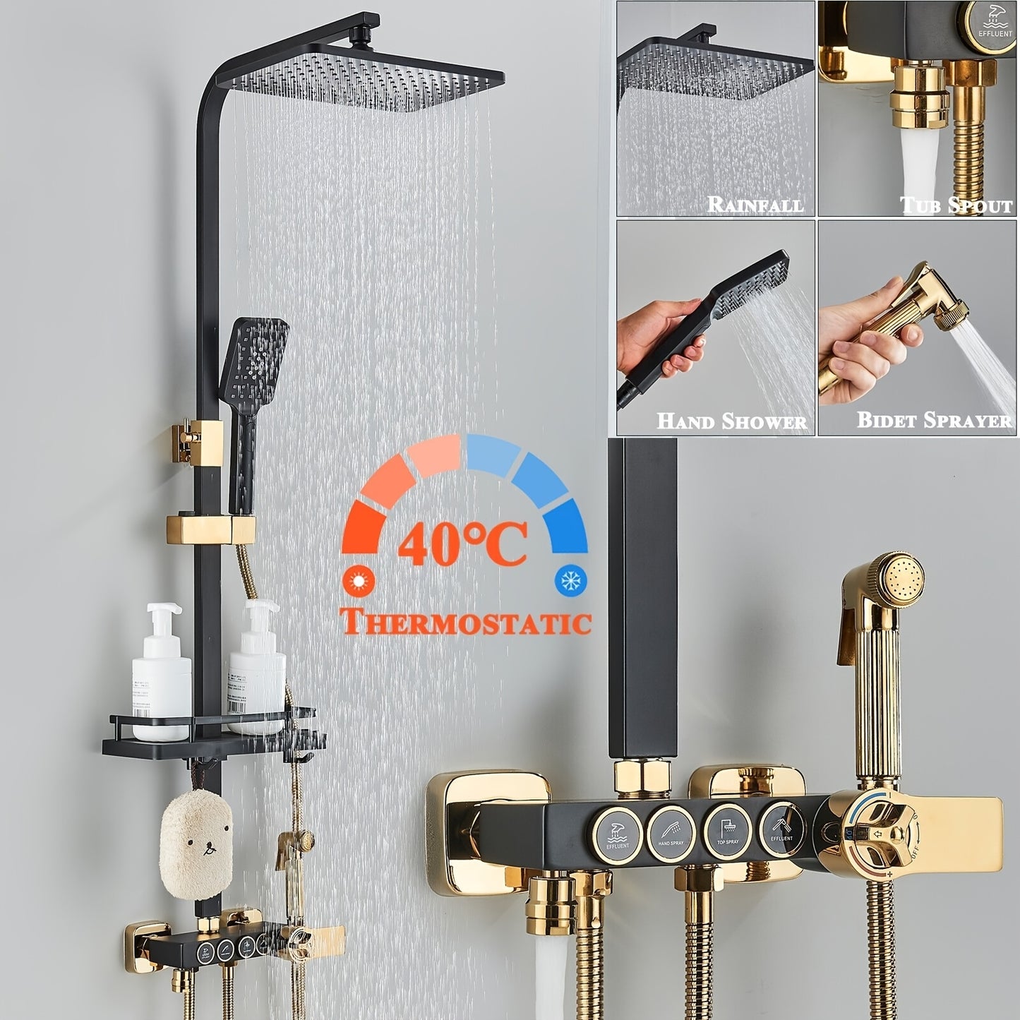 Regendouche – Douchesysteem – Douche Set – Douchekraan – Thermostaatkraan – Roestvrij Staal – Mat Zwart Gouden Afwerking