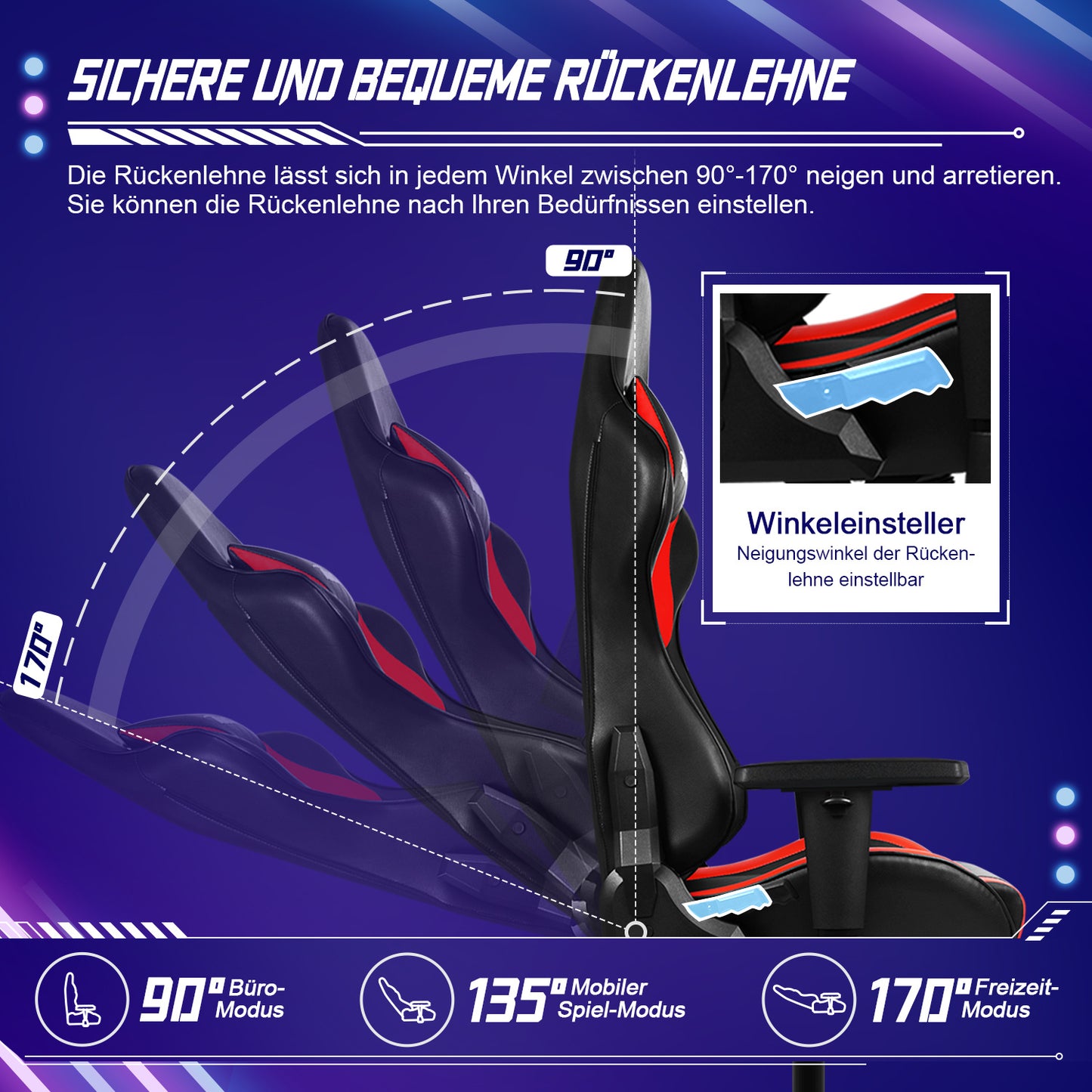 Gamingstoel – Bureaustoel – Gamestoel – Werkstoel – Draaistoel – Ergonomisch Design – Verstelbare Rugleuning Tot 170° – Zwart-Wit PU Leder