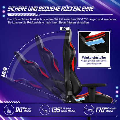 Gamingstoel – Bureaustoel – Gamestoel – Werkstoel – Draaistoel – Ergonomisch Design – Verstelbare Rugleuning Tot 170° – Zwart-Wit PU Leder