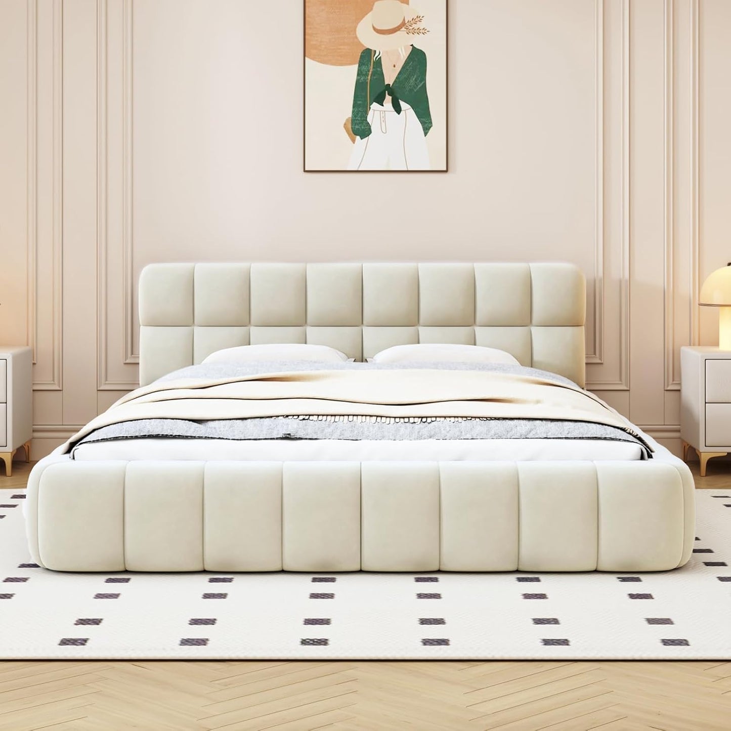 Tweepersoonsbed – Gestoffeerd Bed – Bedframe – Slaapbank – Boxspring – 140x190 cm – Ademend Linnen Stof – Comfortabel Hoofdbord