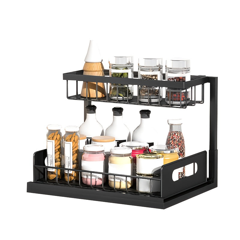 Ladeorganizer – Ladeverdeler – Keukenkastorganizer – Badkamerrek – Opbergmand – Uitschuifbare Lade – Verstelbare Hoogte – Metalen Stevige Constructie – Compact L-vormig Design 27x36x28 cm – Zwarte Roestbestendige Afwerking