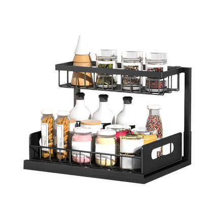 Ladeorganizer – Ladeverdeler – Keukenkastorganizer – Badkamerrek – Opbergmand – Uitschuifbare Lade – Verstelbare Hoogte – Metalen Stevige Constructie – Compact L-vormig Design 27x36x28 cm – Zwarte Roestbestendige Afwerking