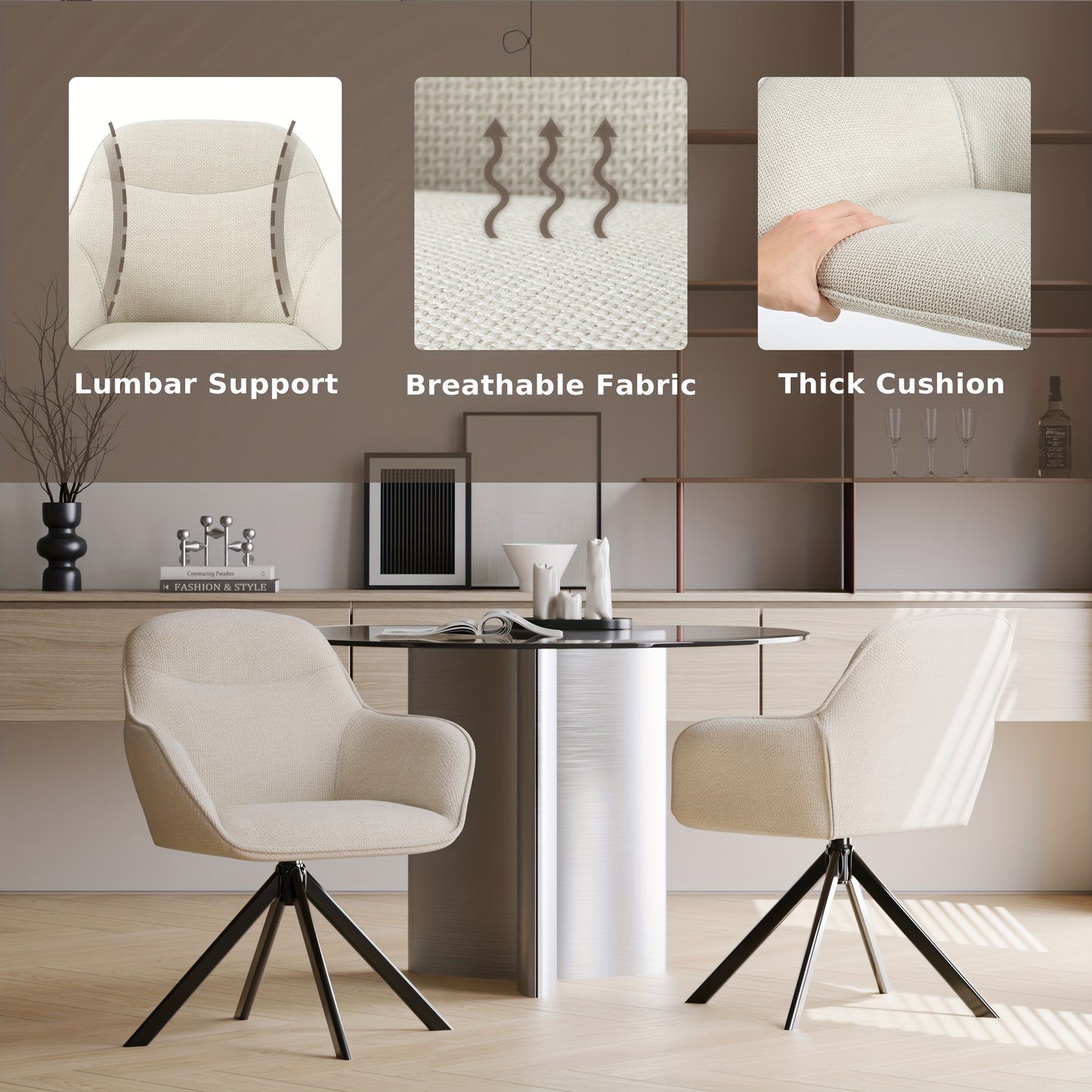 Eetkamerstoel – Stoel – Kuipstoel – Keukenstoel – Draaistoel – Set van 4 – Beige Polyester Bekleding – 360 Graden Draaibaar – Ergonomisch Comfort