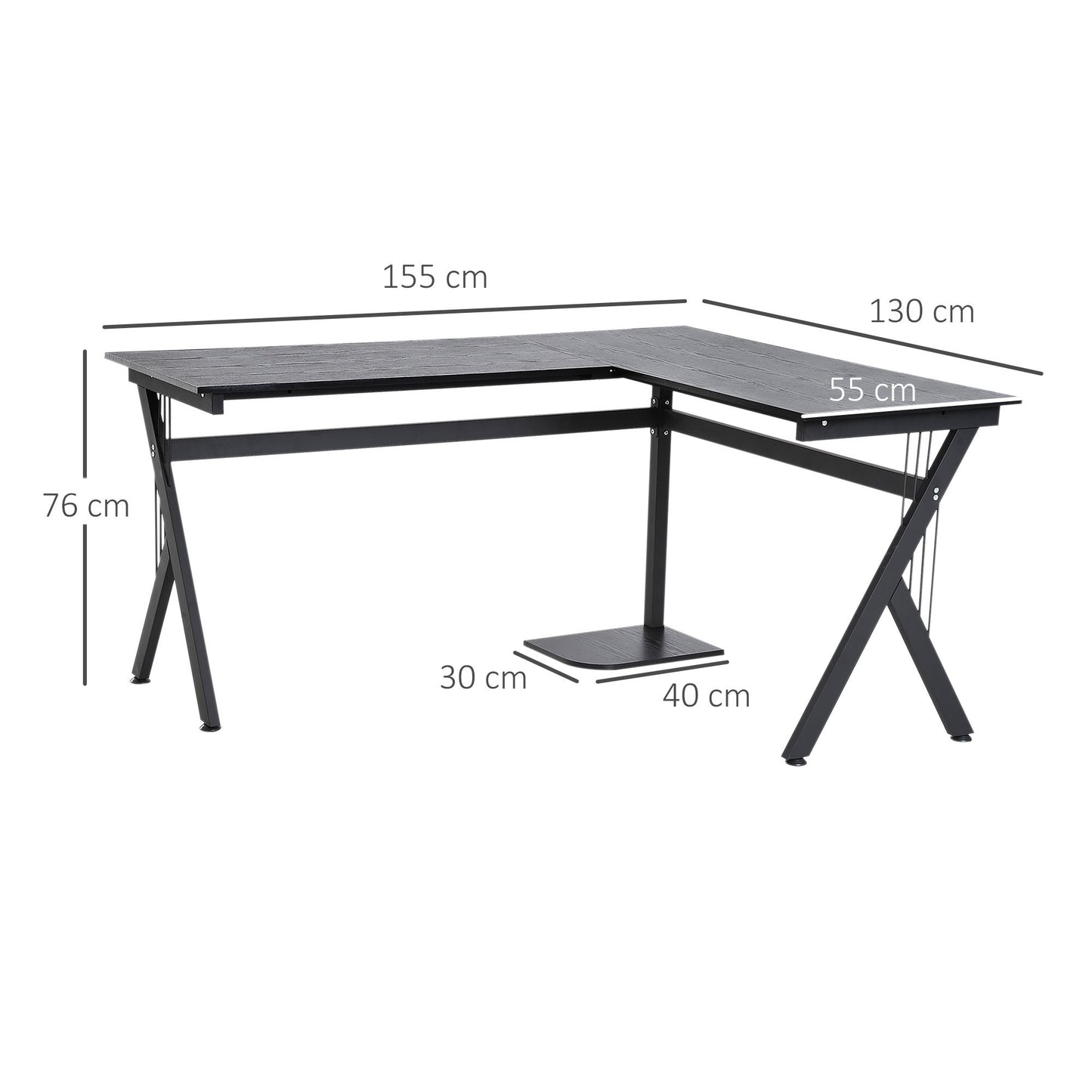 Hoekbureau – Computerbureau – Bureau – Werkplek – Bureau Met Opbergruimte – Zwart MDF Blad – Robuust Stalen Frame – 155x130x76 cm – Anti-slip Pootdoppen