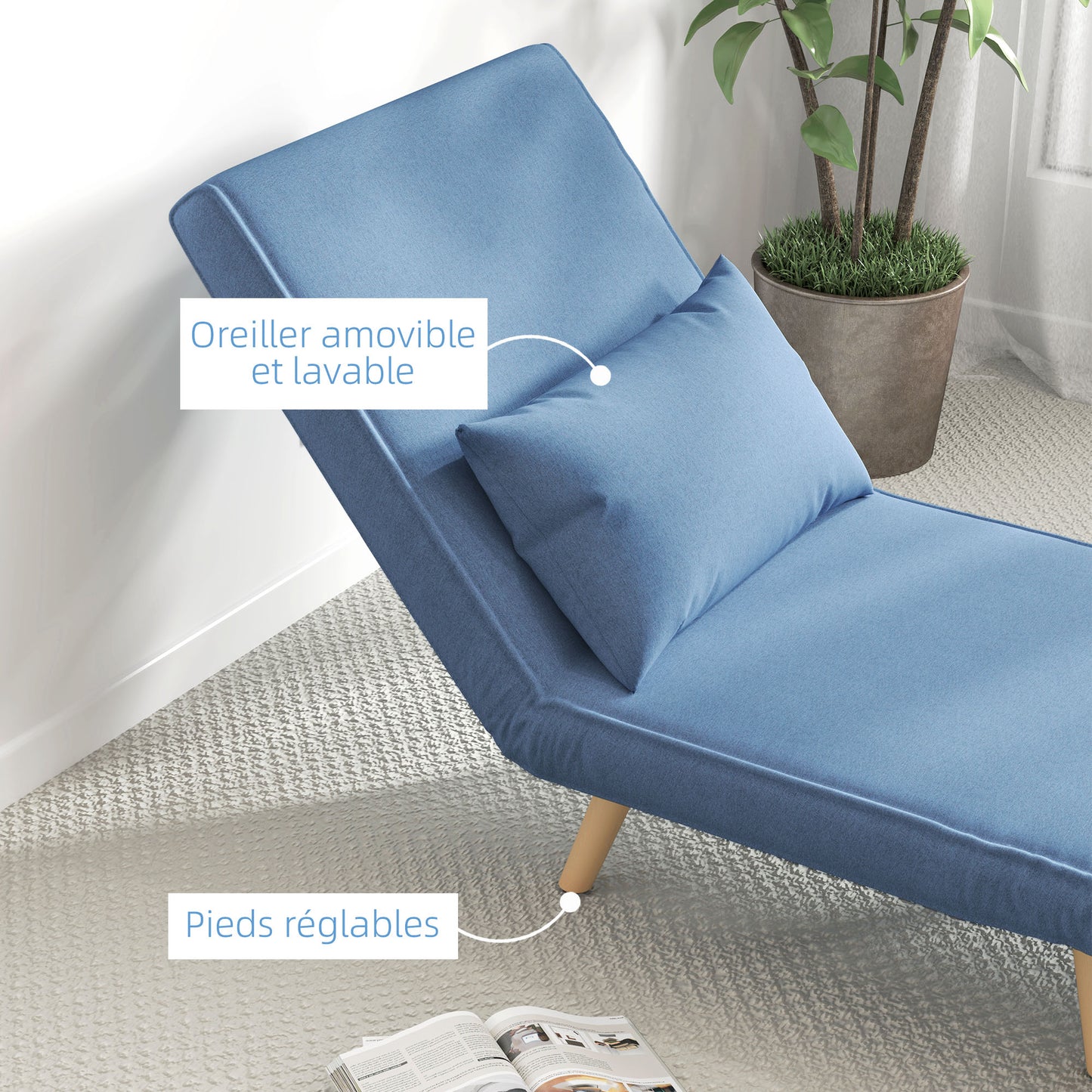 3-in-1 Fauteuil – Slaapstoel – Relaxstoel – Zetel – Loungestoel – Verstelbare Rugleuning 5 standen – Ademend Linnenstof Blauw