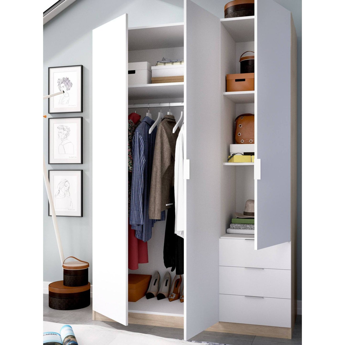 Wardrobe 3 Doors in Front of Astru, Mobile Hangers for Bedroom, 3-Drawer Wardrobe, 121X52H184 Cm, Available in 3 Colors