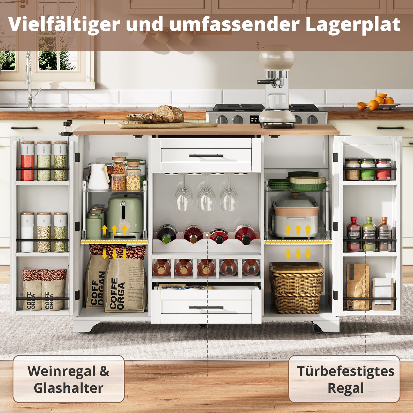 Keukentrolley – Keukenkast – Serveerwagen – Keukenwagen – Opbergtrolley – Uitklapbaar Werkblad – 138x45(70)x92 cm – Melamine Hout & Metaal