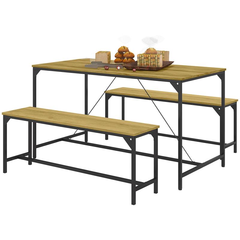 Eettafelset – Eettafel – Eetkamer Tafel – Keukentafel – Zitgroep – Stijlvol Ontwerp – MDF En Massief Hout – 4 Personen – Met 2 Banken