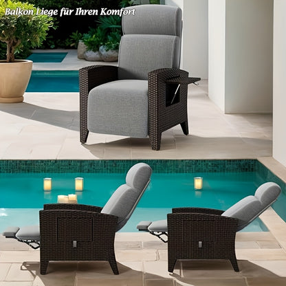Designer Rattan Sofa & Chair Set - Ergonomic Memory Foam Cushion, Adjustable 160° Reclining Backrest, All-Weather Wicker Patio Furniture with Integrated Side Table, Removable Cushion Cover - Heavy-Duty Outdoor Garden Chair f