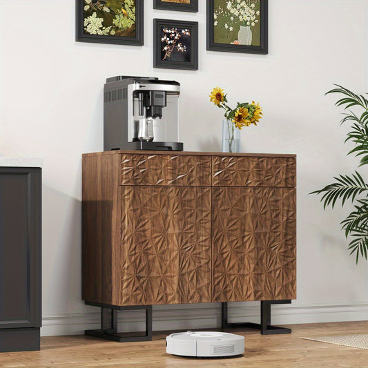 Dressoir – Opbergkast – Ladekast – Buffetkast – Sideboard – Donkerbruin Walnootfineer – 2 Laden en 2 Deuren – Grepenloos Design – Metalen Poot – 80x40x78 cm