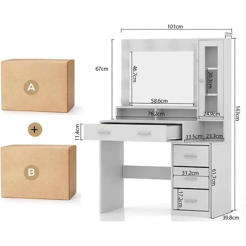 Bureau – Werkplek – Bureautafel – Computertafel – Meubel – Modern Design – 5 Lades & Spiegel – Glazen Blad 101x40x143 cm