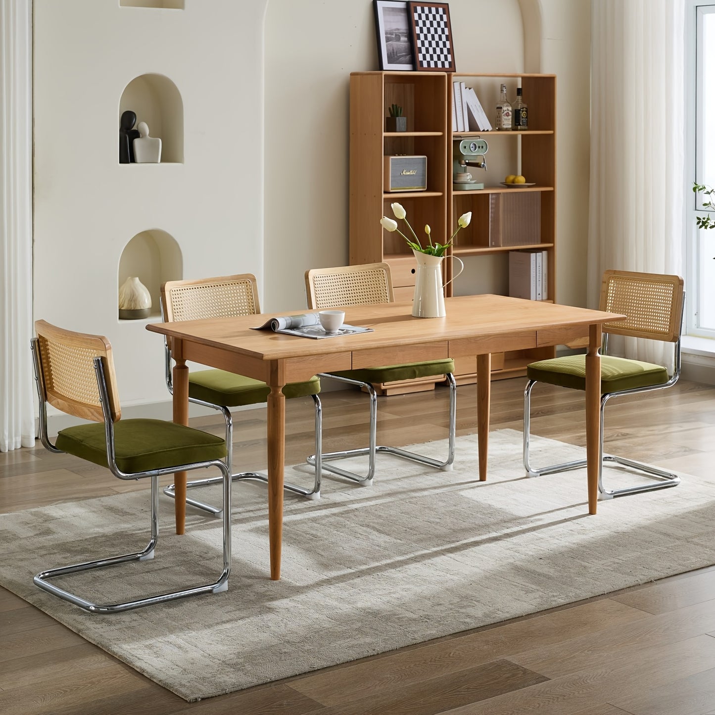 Two-piece Medieval-modern Dining Chair Set | Velvet Upholstered Seats, Natural Rattan Backrests, Stainless Steel Chrome-plated Base in Olive Green, Classic Style, Spot-clean Care